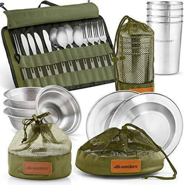 Complete Messware Kit Polished Stainless Steel Dishes Set | Tableware | Dinnerware | Camping | Buffet | Comes in Mesh Bags (4 Person Set) - Wealers