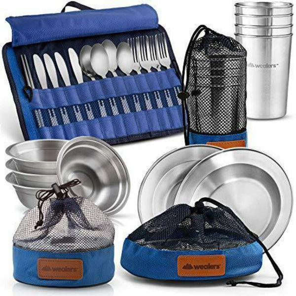 Complete Messware Kit Polished Stainless Steel Dishes Set | Tableware | Dinnerware | Camping | Buffet | Comes in Mesh Bags (4 Person Set) - Wealers