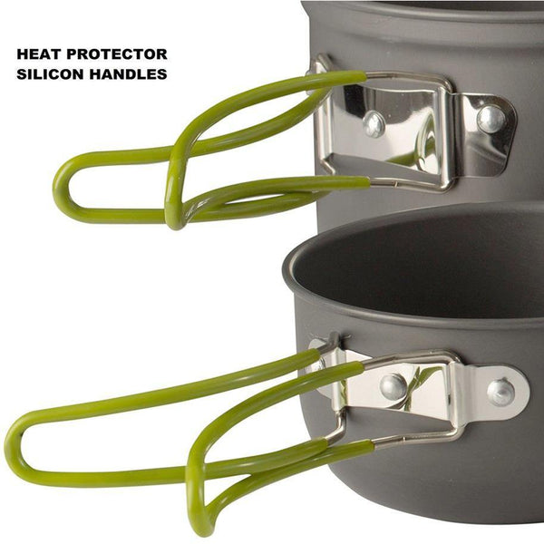 7 Pc outdoor cookware kit - includes 3 pc folding cutlery set - Wealers