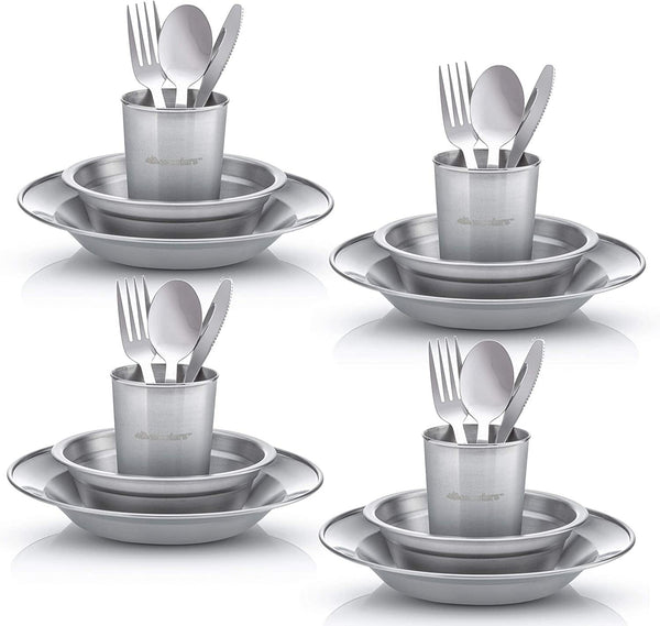 Complete Messware Kit Polished Stainless Steel Dishes Set | Tableware | Dinnerware | Camping | Buffet | Comes in Mesh Bags (4 Person Set) - Wealers
