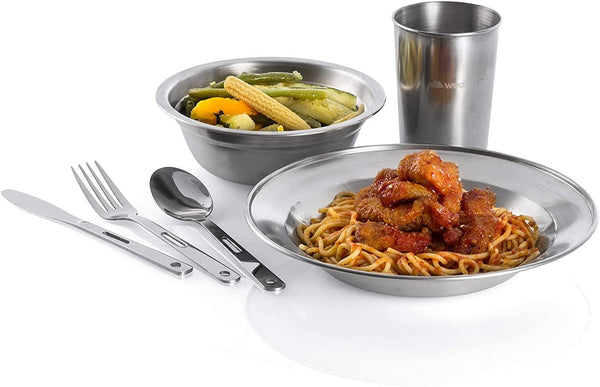 Complete Messware Kit Polished Stainless Steel Dishes Set | Tableware | Dinnerware | Camping | Buffet | Comes in Mesh Bags (4 Person Set) - Wealers