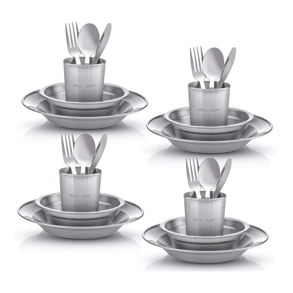 Complete Messware Kit Polished Stainless Steel Dishes Set | Tableware | Dinnerware | Camping | Buffet | Comes in Mesh Bags (4 Person Set) - Wealers