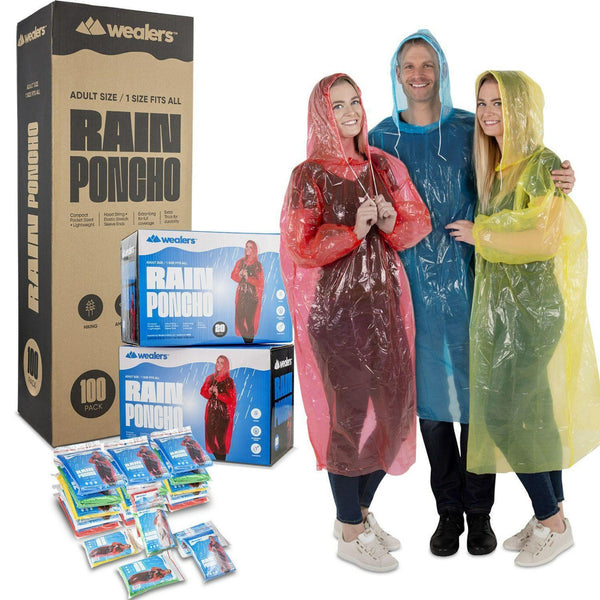 Bulk Emergency Disposable RAIN PONCHOS For Adults Teens With Sleeves and Hood String Excellent Quality - Wealers