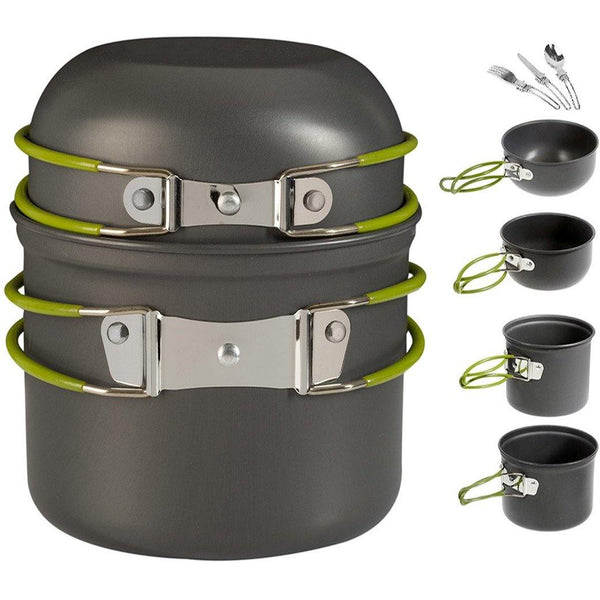 7 Pc outdoor cookware kit - includes 3 pc folding cutlery set - Wealers