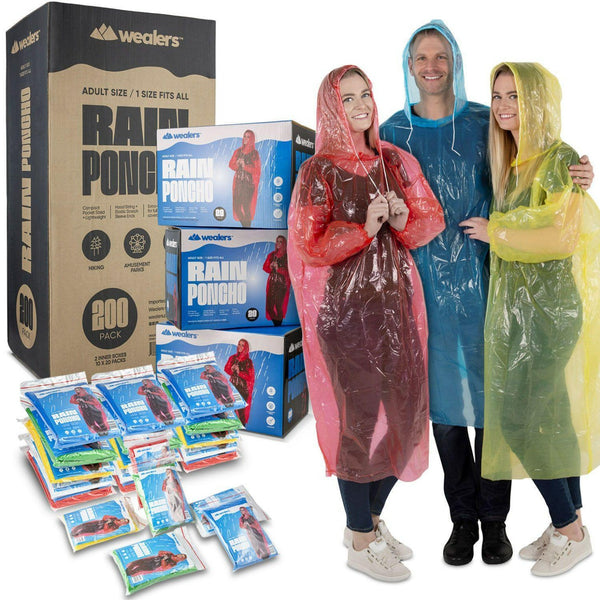 Bulk Emergency Disposable RAIN PONCHOS For Adults Teens With Sleeves and Hood String Excellent Quality - Wealers