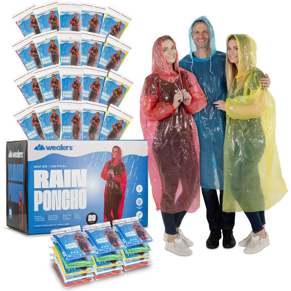 Bulk Emergency Disposable RAIN PONCHOS For Adults Teens With Sleeves and Hood String Excellent Quality - Wealers
