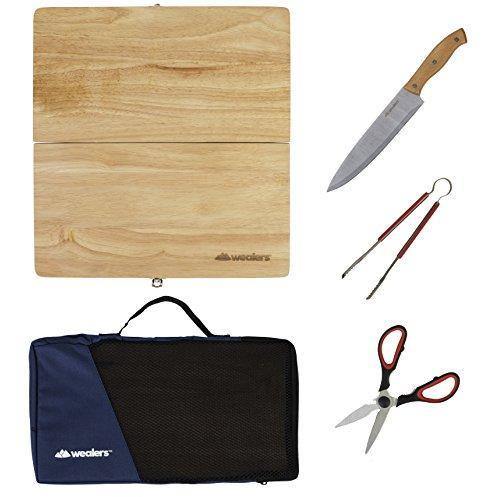 Folding Wood Cutting Board Travel Set - Portable 5 Piece Pack includes  CuttingBoad | Chef Knife| Kitchen Scissors| Cooking Tongs| Tote Bag - For  ou