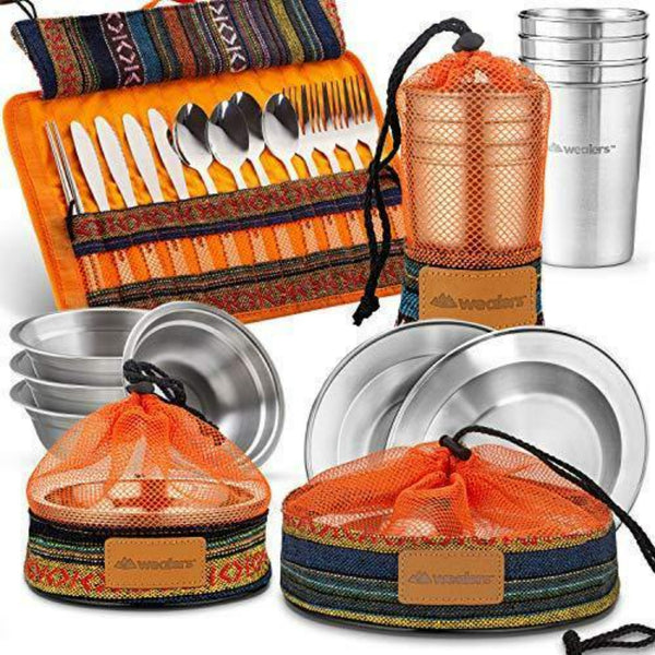 Complete Messware Kit Polished Stainless Steel Dishes Set | Tableware | Dinnerware | Camping | Buffet | Comes in Mesh Bags (4 Person Set) - Wealers