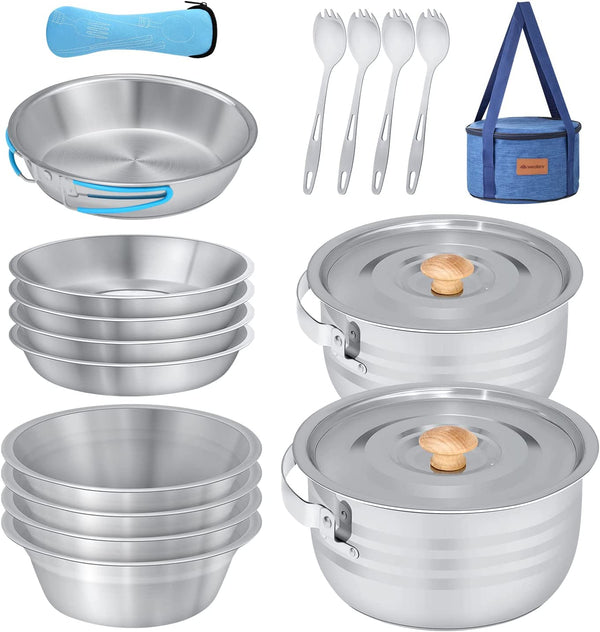 Camping Cookware & Dinnerware Set - 17 Pc Stainless Steel Pots and Pans Set with Plates, Bowls & Sporks in Travel Mesh Bag for Camping, Trekking, Backyard Picnic & Backpacking Gear - Wealers