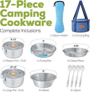 Camping Cookware & Dinnerware Set - 17 Pc Stainless Steel Pots and Pans Set with Plates, Bowls & Sporks in Travel Mesh Bag for Camping, Trekking, Backyard Picnic & Backpacking Gear - Wealers