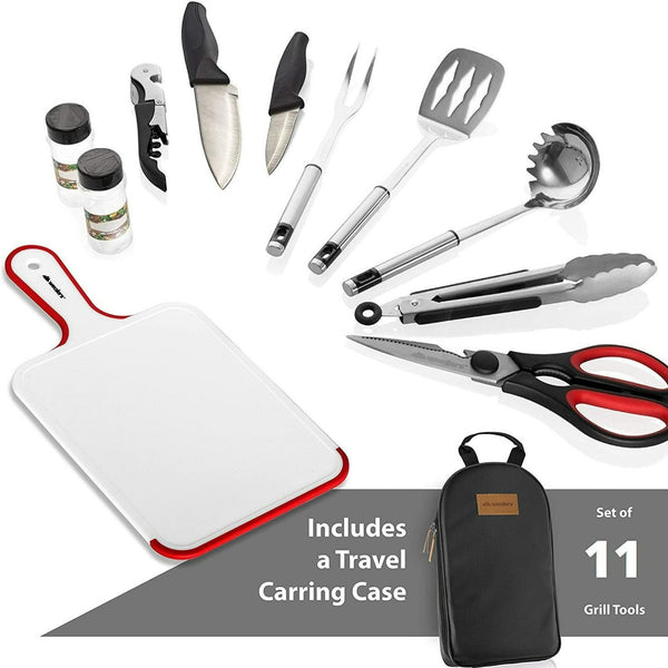 11 Piece Camp Kitchen Cooking Utensil Set Travel Organizer Grill Accessories Compact Gear for Backpacking BBQ Camping Hiking and Travel - Wealers