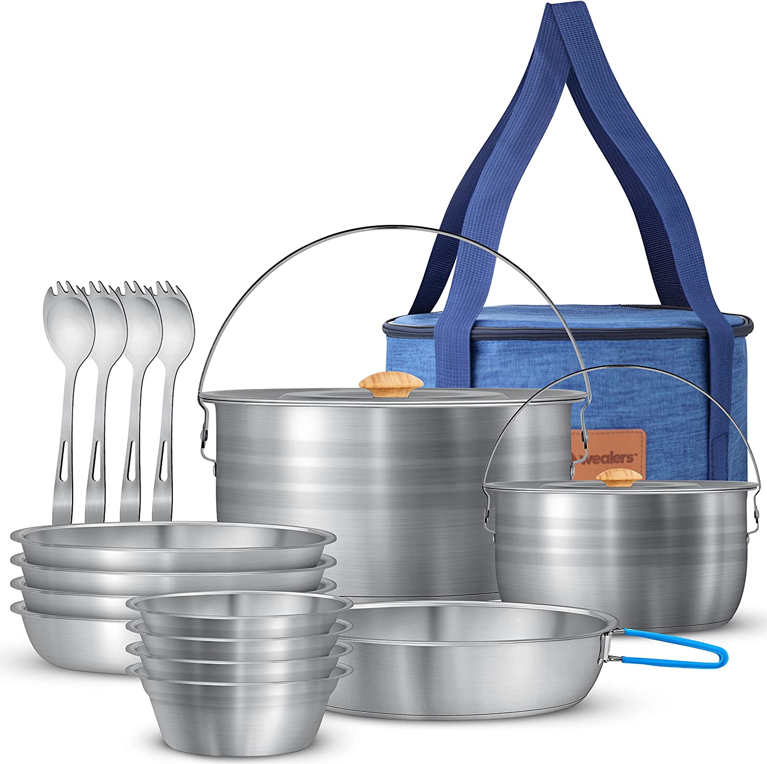 Camping Cookware & Dinnerware Set - 17 Pc Stainless Steel Pots and