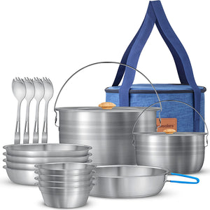 Camping Cookware & Dinnerware Set - 17 Pc Stainless Steel Pots and Pans Set with Plates, Bowls & Sporks in Travel Mesh Bag for Camping, Trekking, Backyard Picnic & Backpacking Gear - Wealers