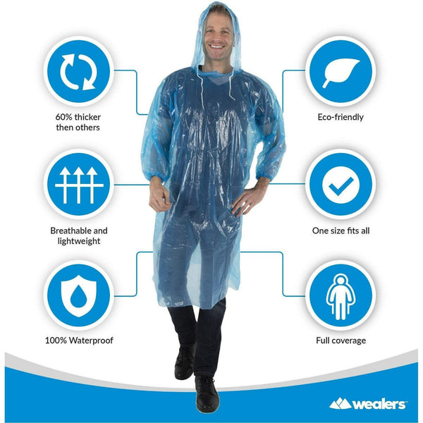 Bulk Emergency Disposable RAIN PONCHOS For Adults Teens With Sleeves and Hood String Excellent Quality - Wealers