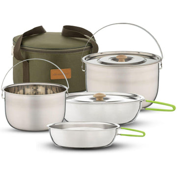 Camping Cookware Set | Compact Stainless Steel Campfire Pots & Pans | Combo Kit with Travel Tote Bag